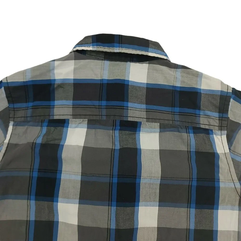 Hawk Plaid Shirt Youth XL 14-16 Gray Button Up Short Sleeve Casual